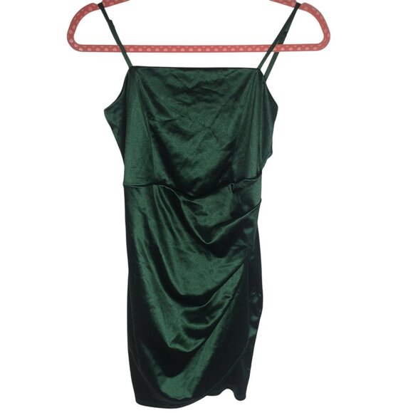 Holiday Fairy Dress Christmas Women Medium Green Satin Ruched Bodycon Mini Party - Picture 1 of 16